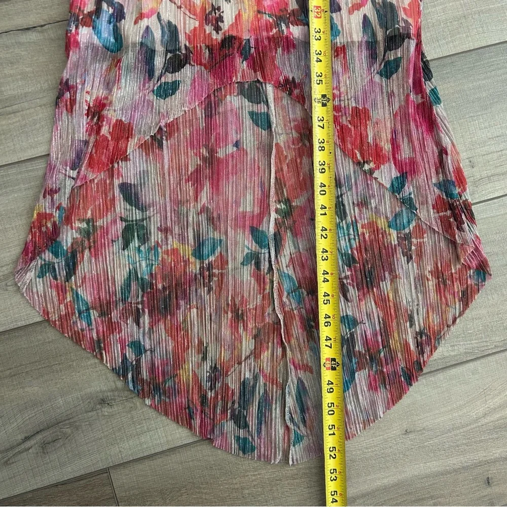 Adrianna Papell Floral Metallic Pleated Twist Front Hi Low Flutter Sleeve Gown 4